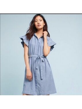Isabella Sinclair Blue Striped Button Front Shirt Dress Size XS Anthropologie